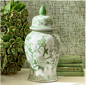 14" Green And White Covered Temple Jar - Ceramic