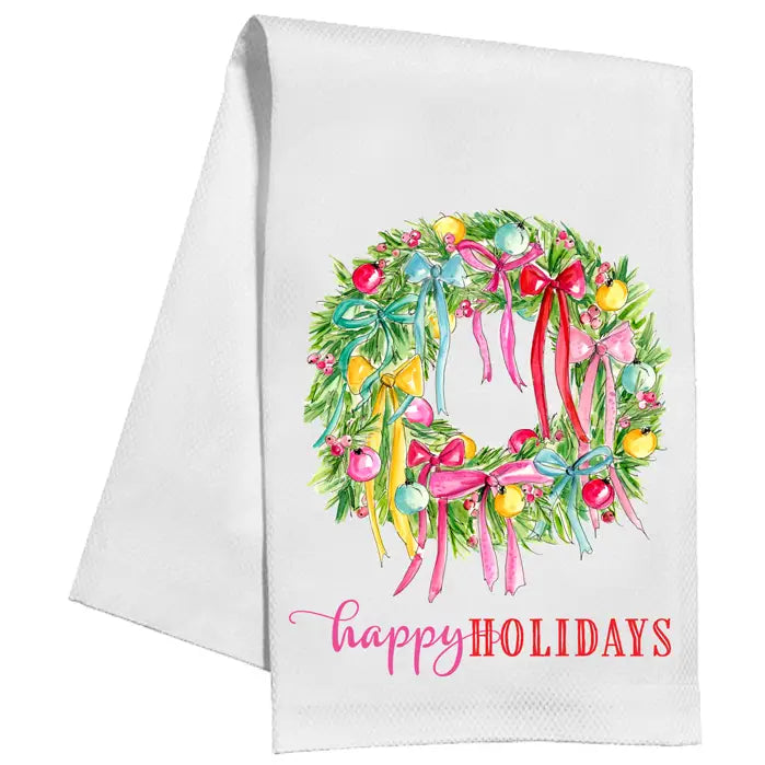 Happy Holidays Wreath with Ornaments and Bows Kitchen Towel