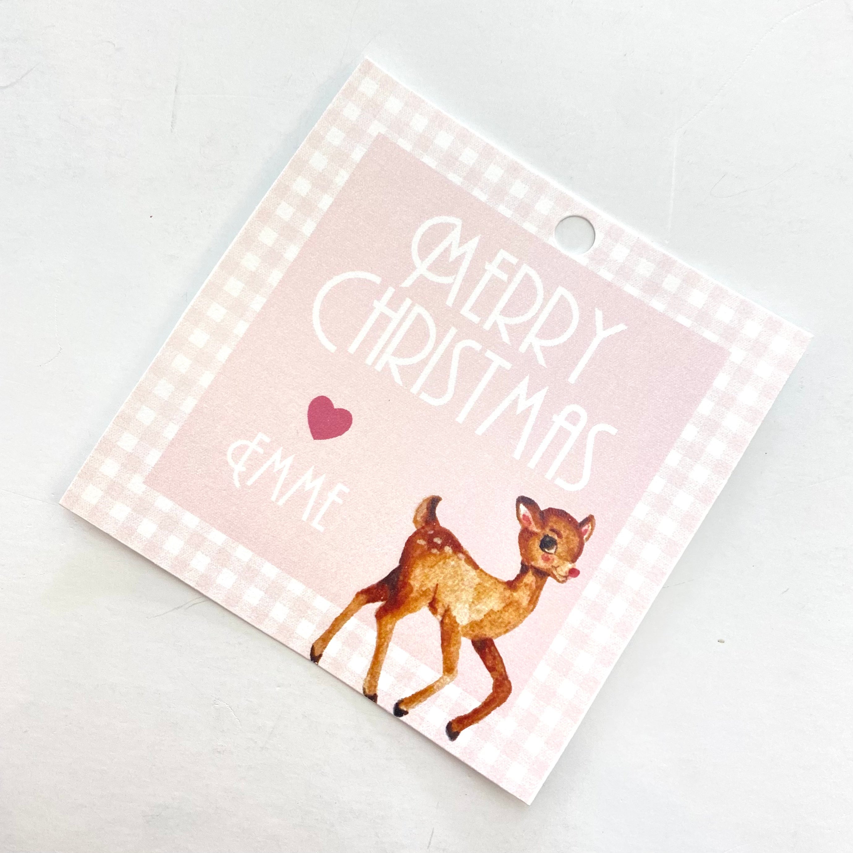 Pink Plaid Rudolph Square Custom Gift Tag