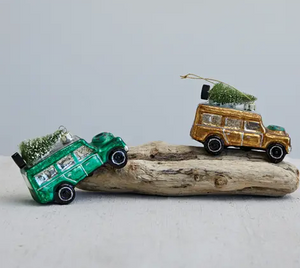 Hand-Painted Glass Vintage Vehicle Ornament w/ Faux Tree & Glitter