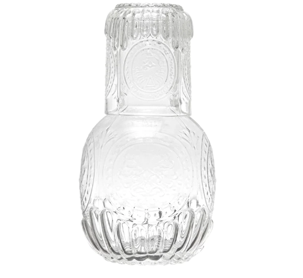 Embossed Glass Carafe w/ 8 oz. Embossed Drinking Glass