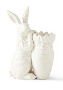 9" White Dolomite Vase w/Rabbit