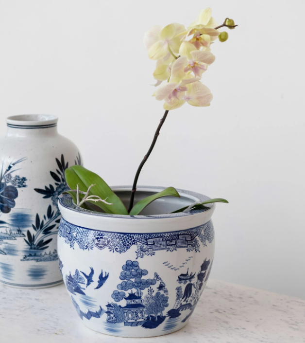 Blue and White Stoneware Planter