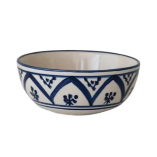 Hand-Painted Stoneware Bowl with Pattern, Cream Color & Blue
