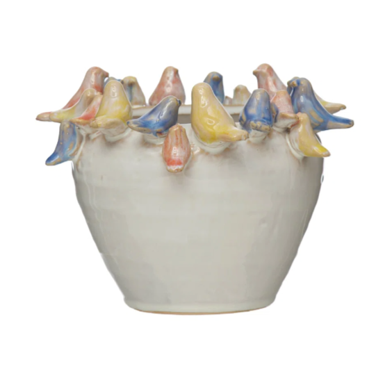 Stoneware Planter with Birds on Rim