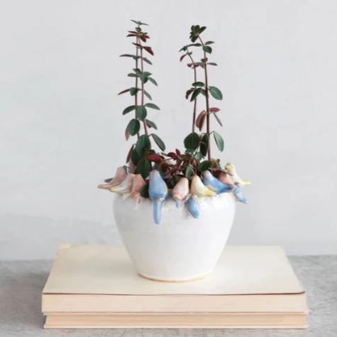 Stoneware Planter with Birds on Rim