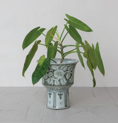 Stoneware Footed Planter with Floral Design