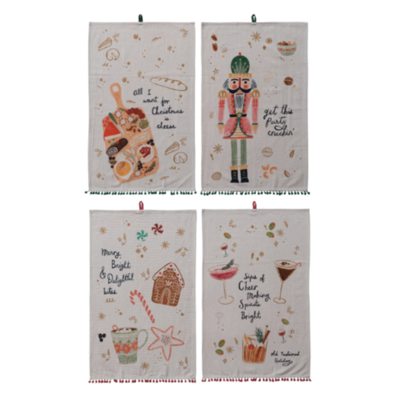 Holiday Tea Towel w Pom Pom Trim