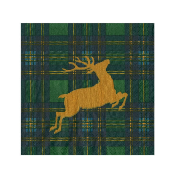 Green Plaid Reindeer Cocktail Napkins
