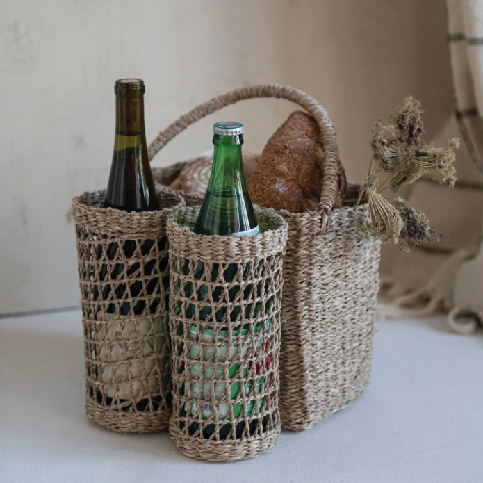 Hand Woven Basket With Handle and Bottle Holders
