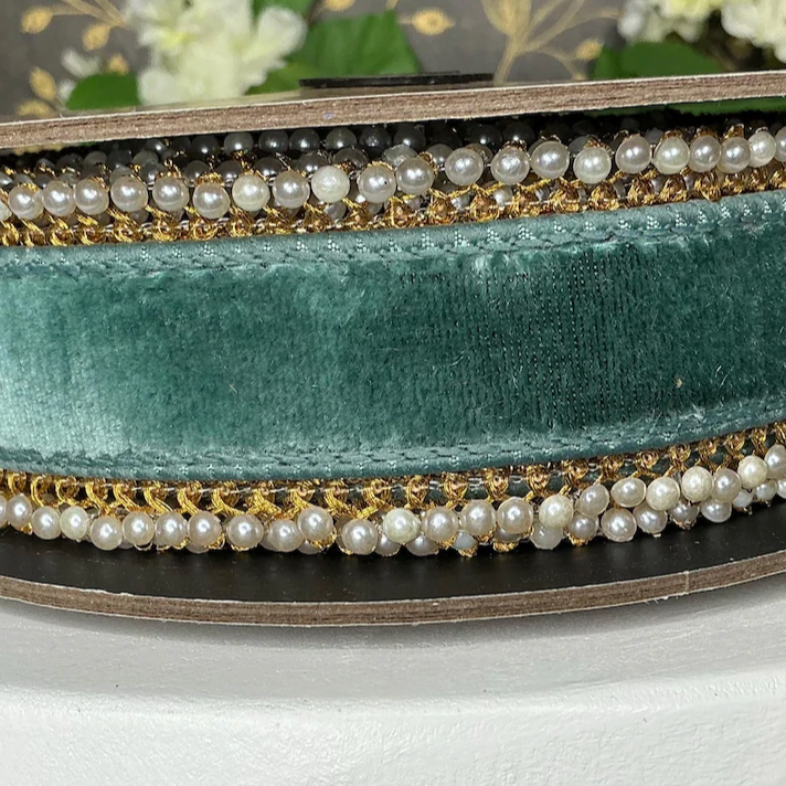 1.5" x 5 yds Celadon Ribbon with Pearl Trim