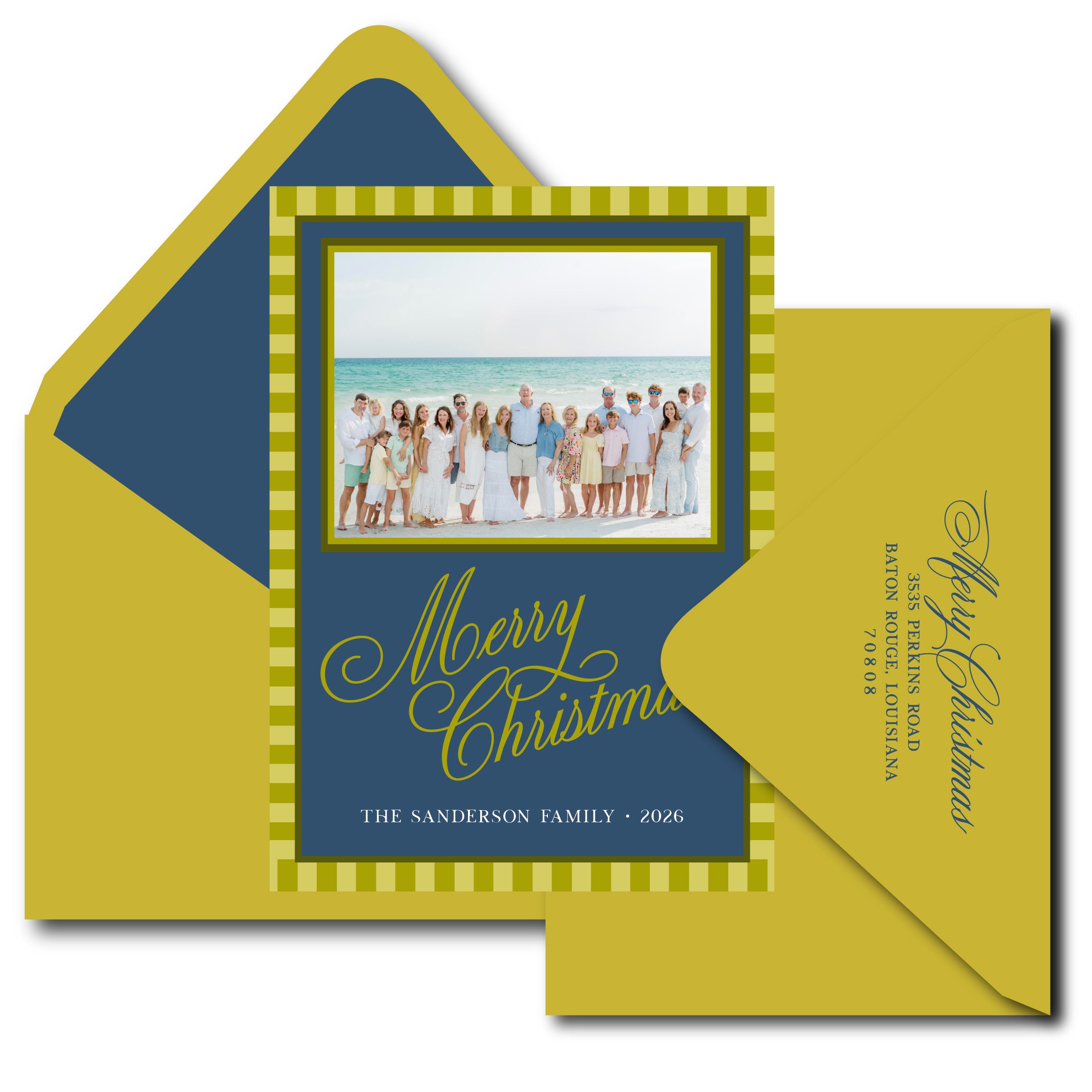 Chartreuse and Blue Striped Holiday Card